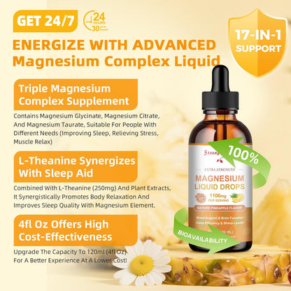 GREENPEOPLE Magnesium Glycinat Flüssig Tropfen - 17-in-1 Triple Magnesium Komplex mit Glycinat 400mg, Citrat 500mg, Taurat & L-Theanin für Ruhe, Muskeln & Schlaf - Ananasgeschmack, 118 ml