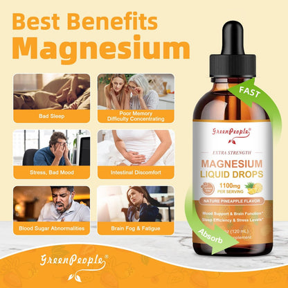 GREENPEOPLE Magnesium Glycinat Flüssig Tropfen - 17-in-1 Triple Magnesium Komplex mit Glycinat 400mg, Citrat 500mg, Taurat & L-Theanin für Ruhe, Muskeln & Schlaf - Ananasgeschmack, 118 ml