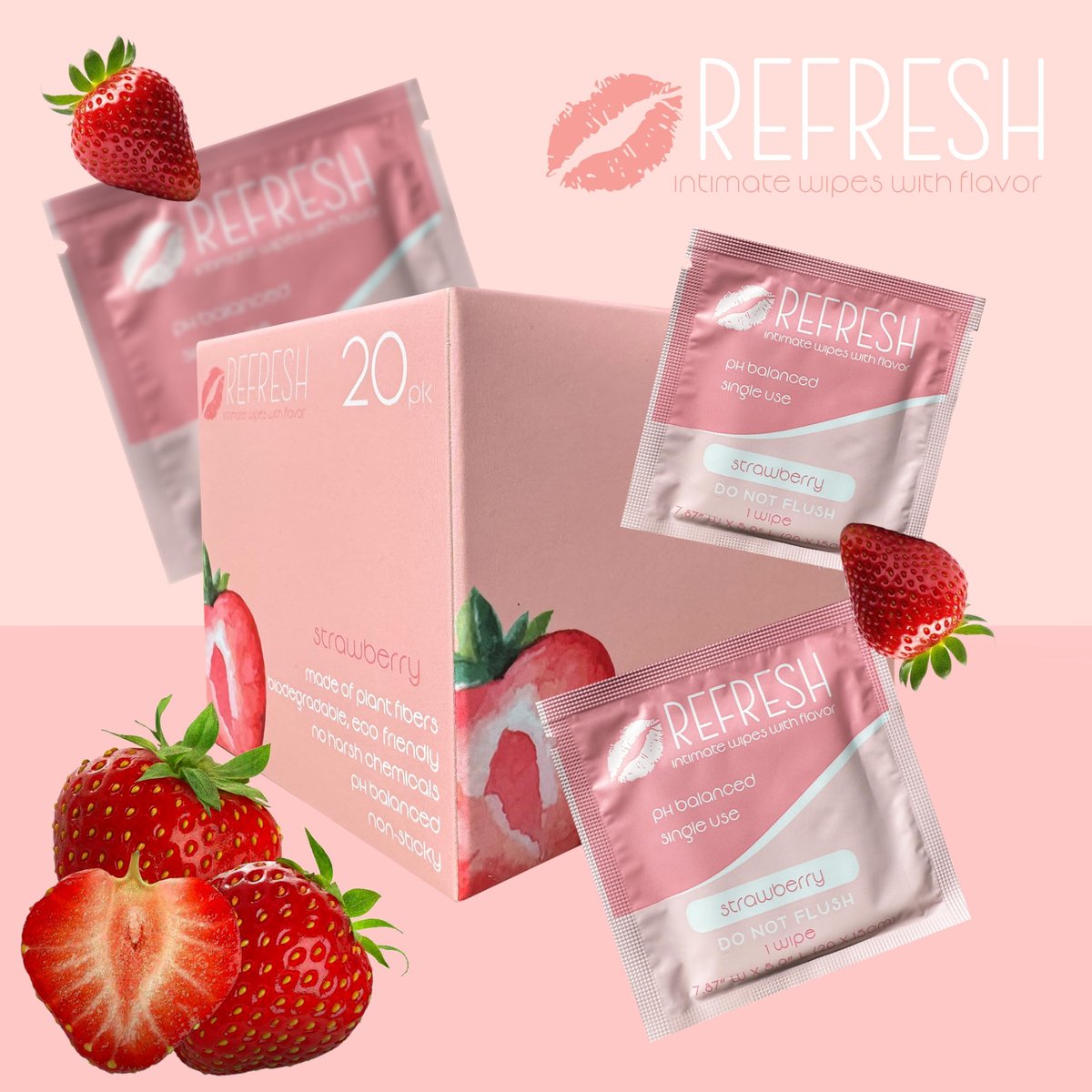 Aromatisierte Damen-Feuchttücher für Frauen - 20 Stück einzeln verpackt - pH-ausgeglichene aromatisierte Intimtücher - Erdbeere