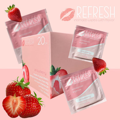 Aromatisierte Damen-Feuchttücher für Frauen - 20 Stück einzeln verpackt - pH-ausgeglichene aromatisierte Intimtücher - Erdbeere