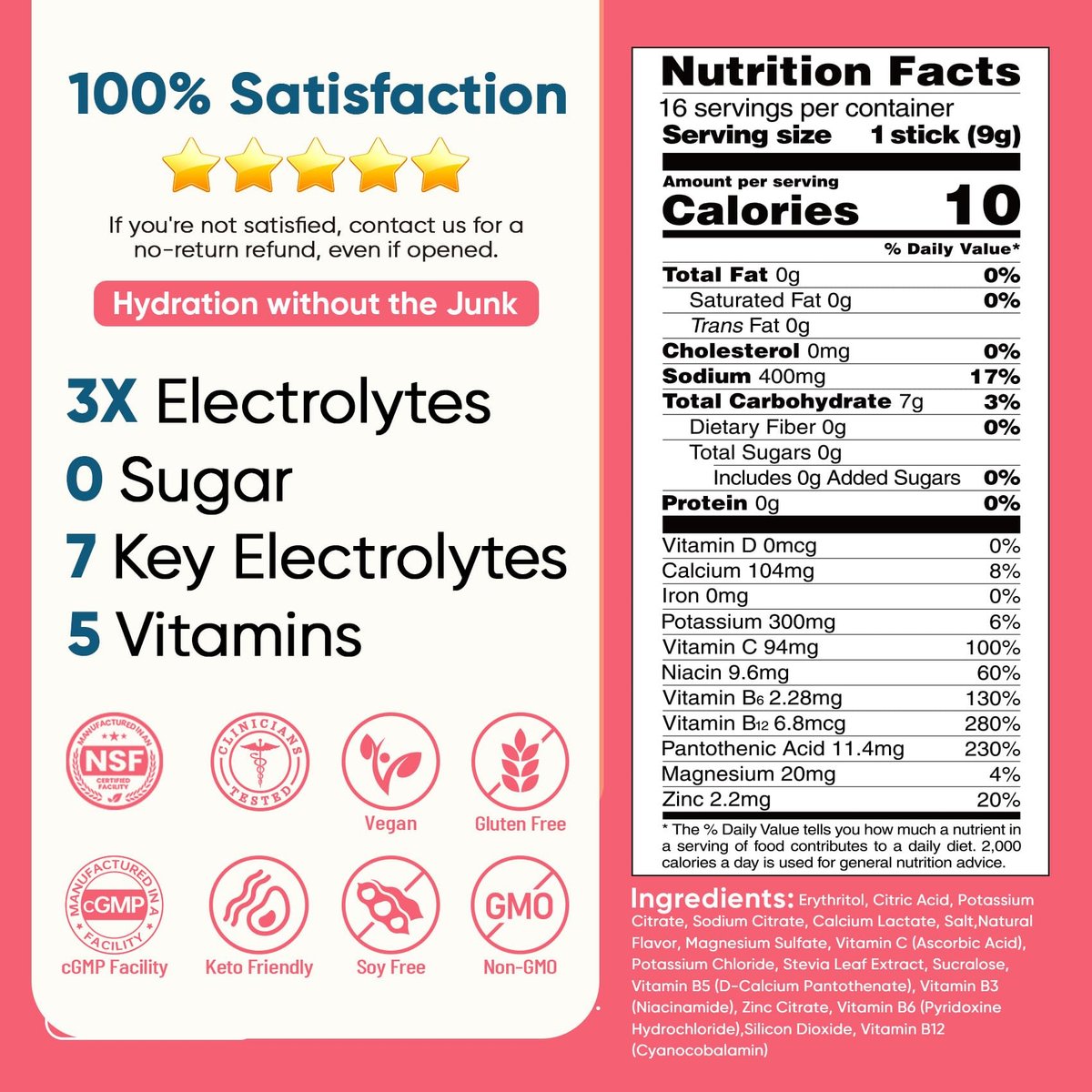 Venture Pal Zuckerfreie Elektrolyt-Pulver-Packungen – Flüssige Daily IV Hydration Packets | Elektrolyt-Getränkemischung mit 5 Vitaminen & 7 Elektrolyten | Keto-freundlich | Non-GMO | Zertifiziert vegan | 16 Sticks