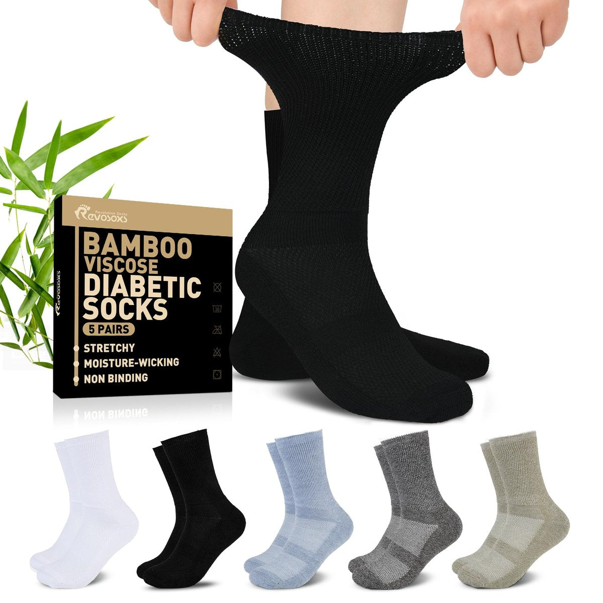 Revosoxs Diabetiker Socken für Damen und Herren – Bambus-Viskose, nicht einschnürend, nahtlose Zehenpartie, Größe 9-12/10-13 (Dunkel A-Large)