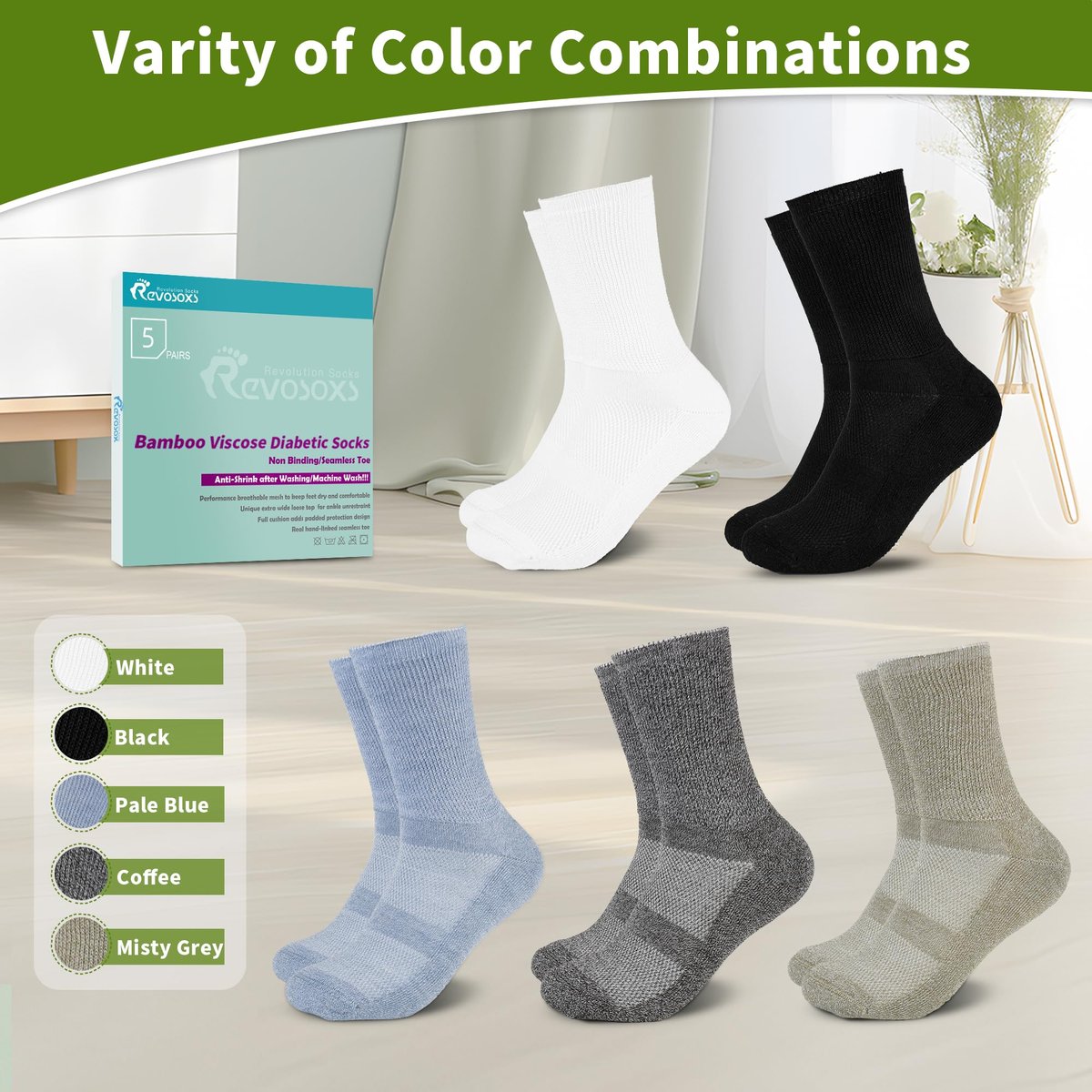 Revosoxs Diabetiker Socken für Damen und Herren – Bambus-Viskose, nicht einschnürend, nahtlose Zehenpartie, Größe 9-12/10-13 (Dunkel A-Large)