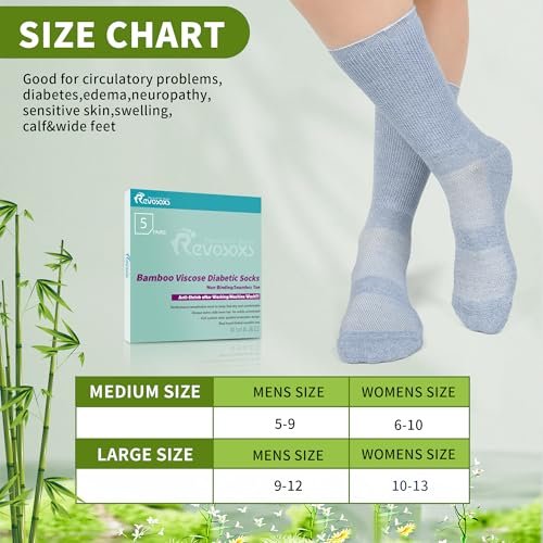 Revosoxs Diabetiker Socken für Damen und Herren – Bambus-Viskose, nicht einschnürend, nahtlose Zehenpartie, Größe 9-12/10-13 (Dunkel A-Large)