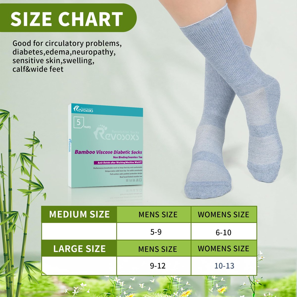 Revosoxs Diabetiker Socken für Damen und Herren – Bambus-Viskose, nicht einschnürend, nahtlose Zehenpartie, Größe 9-12/10-13 (Dunkel A-Large)