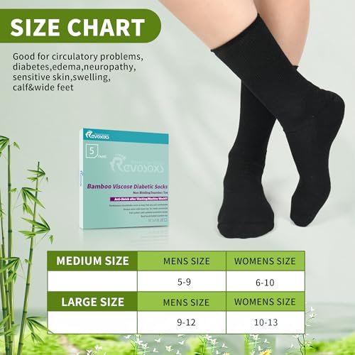 Revosoxs Diabetiker Socken für Damen und Herren, Bambus-Viskose, nicht einschnürendes weites Bündchen, nahtlose Zehenpartie, Größe 9-12 10-13 (Schwarz, Large)