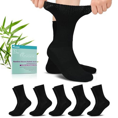 Revosoxs Diabetiker Socken für Damen und Herren, Bambus-Viskose, nicht einschnürendes weites Bündchen, nahtlose Zehenpartie, Größe 9-12 10-13 (Schwarz, Large)