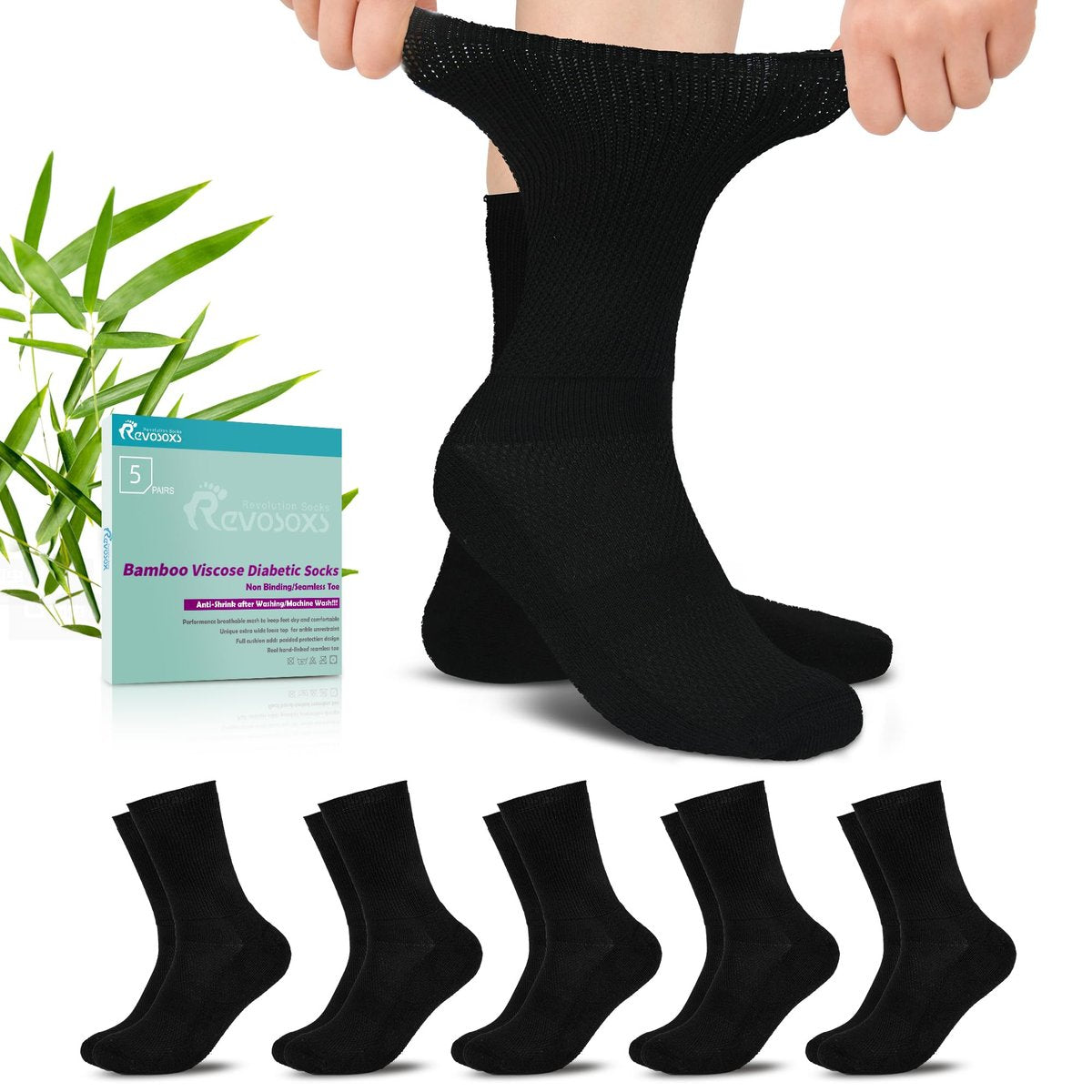Revosoxs Diabetiker Socken für Damen und Herren, Bambus-Viskose, nicht einschnürendes weites Bündchen, nahtlose Zehenpartie, Größe 9-12 10-13 (Schwarz, Large)