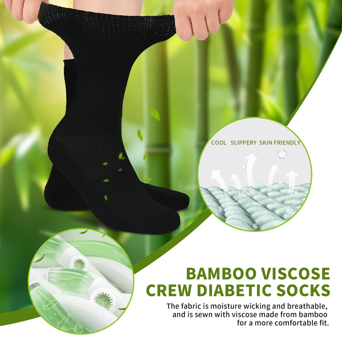 Revosoxs Diabetiker Socken für Damen und Herren, Bambus-Viskose, nicht einschnürendes weites Bündchen, nahtlose Zehenpartie, Größe 9-12 10-13 (Schwarz, Large)