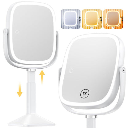 Gospire Rechteckiger Leuchtspiegel Make-up-Spiegel mit Licht und 1X/7X Vergrößerung, höhenverstellbar, 4000 mAh Akku, 8,5"x7,4" große Oberfläche, stufenloses Dimmen - Weiß