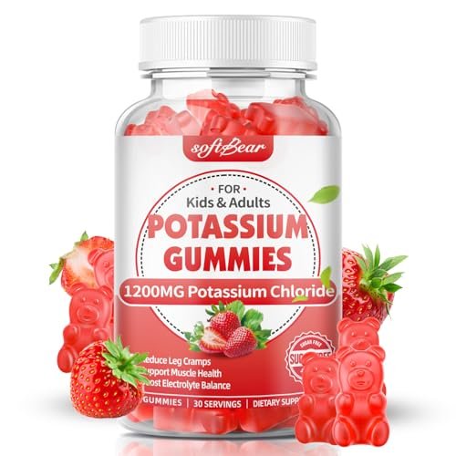 softbear Kalium-Gummibärchen für Erwachsene, zuckerfrei, Kaliumchlorid 1200 mg, gegen Beinkrämpfe & Elektrolytgleichgewicht, hochdosiertes Kaliumpräparat, Erdbeergeschmack, 60 Stück