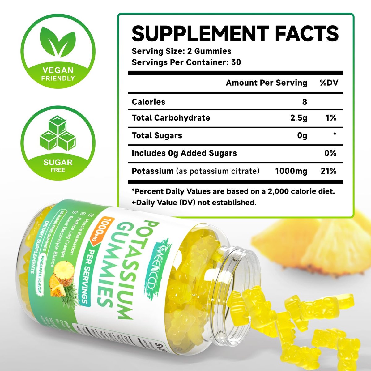 Kaliumcitrat Gummies 1000mg – Hochdosierte Kaliumpräparate für Erwachsene, Männer & Frauen – Zuckerfrei, Ananasgeschmack, 60 Stück