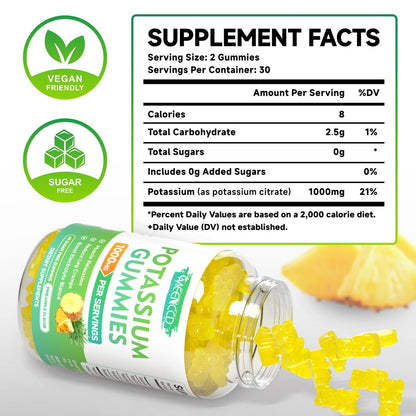 Kaliumcitrat Gummies 1000mg – Hochdosierte Kaliumpräparate für Erwachsene, Männer & Frauen – Zuckerfrei, Ananasgeschmack, 60 Stück