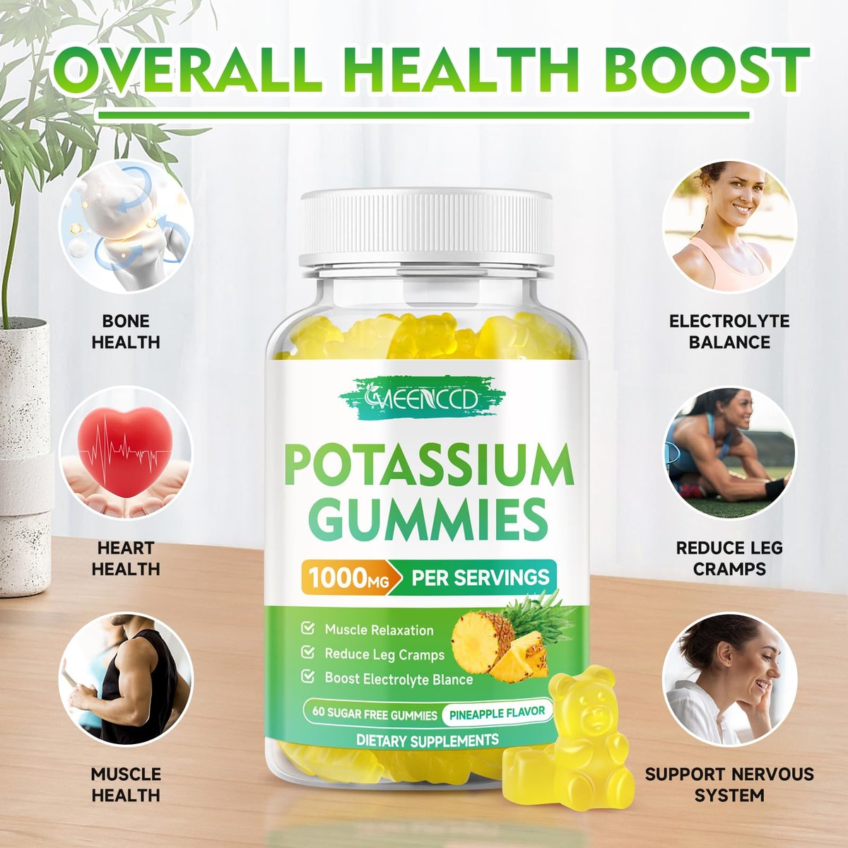 Kaliumcitrat Gummies 1000mg – Hochdosierte Kaliumpräparate für Erwachsene, Männer & Frauen – Zuckerfrei, Ananasgeschmack, 60 Stück