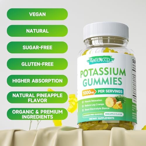 Kaliumcitrat Gummies 1000mg – Hochdosierte Kaliumpräparate für Erwachsene, Männer & Frauen – Zuckerfrei, Ananasgeschmack, 60 Stück