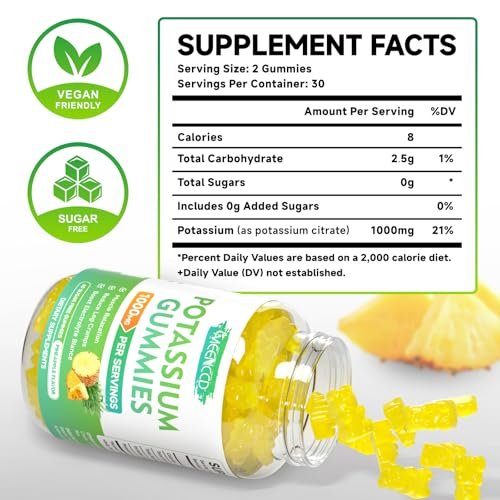 Kaliumcitrat Gummies 1000mg – Hochdosierte Kaliumpräparate für Erwachsene, Männer & Frauen – Zuckerfrei, Ananasgeschmack, 60 Stück