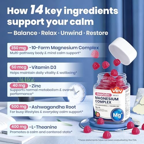 VEV Deep Calm Magnesium Komplex 14-in-1 Gummis – 90 Stück (Packung mit 1) – mit D3, Ashwagandha, L-Theanin, Zink – Ohne Zuckerzusatz, vegane Glycinat-Gummis – Magnesiumkomplex für Frauen und Männer