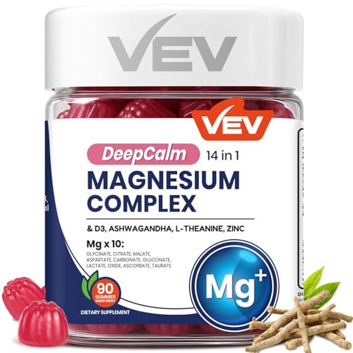 VEV Deep Calm Magnesium Komplex 14-in-1 Gummis – 90 Stück (Packung mit 1) – mit D3, Ashwagandha, L-Theanin, Zink – Ohne Zuckerzusatz, vegane Glycinat-Gummis – Magnesiumkomplex für Frauen und Männer