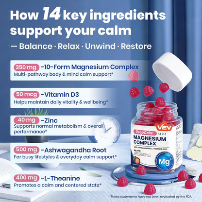 VEV Deep Calm Magnesium Komplex 14-in-1 Gummis – 90 Stück (Packung mit 1) – mit D3, Ashwagandha, L-Theanin, Zink – Ohne Zuckerzusatz, vegane Glycinat-Gummis – Magnesiumkomplex für Frauen und Männer