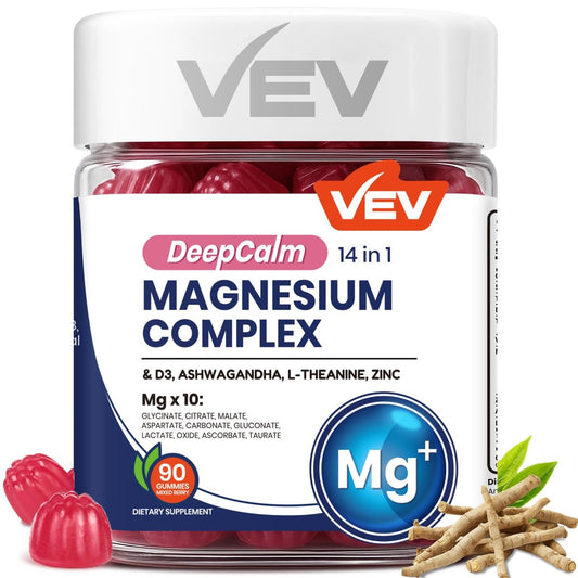 VEV Deep Calm Magnesium Komplex 14-in-1 Gummis – 90 Stück (Packung mit 1) – mit D3, Ashwagandha, L-Theanin, Zink – Ohne Zuckerzusatz, vegane Glycinat-Gummis – Magnesiumkomplex für Frauen und Männer