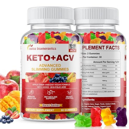 Keto Apfelessig Gummis, Keto ACV Gummy Diät-Ergänzung, Fortschrittliche 1500mg ACV Gummis mit Folsäure, B12, B6 und Keto-Unterstützung für Frauen und Männer, Gelatine-frei, Vegan & Non-GMO (Mehrfachgeschmack)
