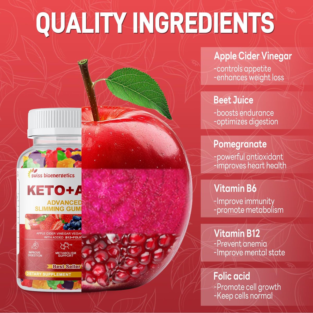 Keto Apfelessig Gummis, Keto ACV Gummy Diät-Ergänzung, Fortschrittliche 1500mg ACV Gummis mit Folsäure, B12, B6 und Keto-Unterstützung für Frauen und Männer, Gelatine-frei, Vegan & Non-GMO (Mehrfachgeschmack)