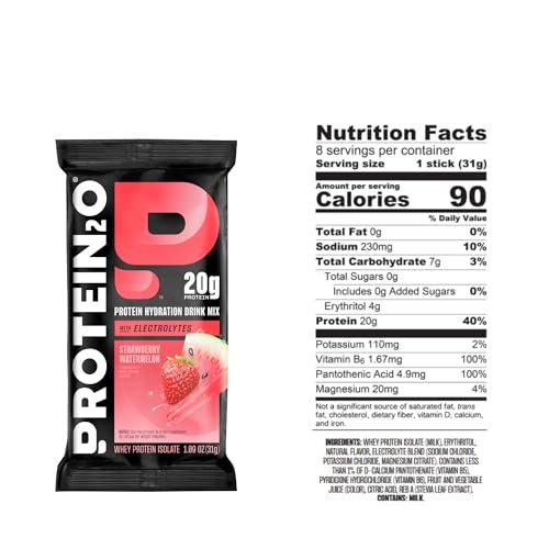Protein2o 20g Molkenproteinisolat klares Proteinpulver, 360 mg Elektrolyte, Vitamine B5 & B6, Zuckerfrei, Erdbeer-Wassermelone, 8er-Pack