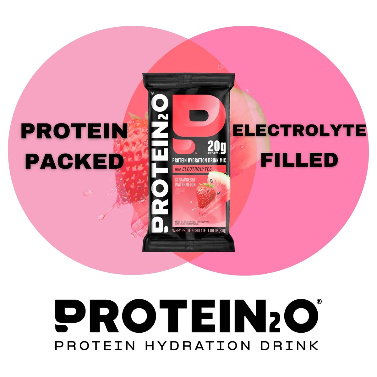Protein2o 20g Molkenproteinisolat klares Proteinpulver, 360 mg Elektrolyte, Vitamine B5 & B6, Zuckerfrei, Erdbeer-Wassermelone, 8er-Pack
