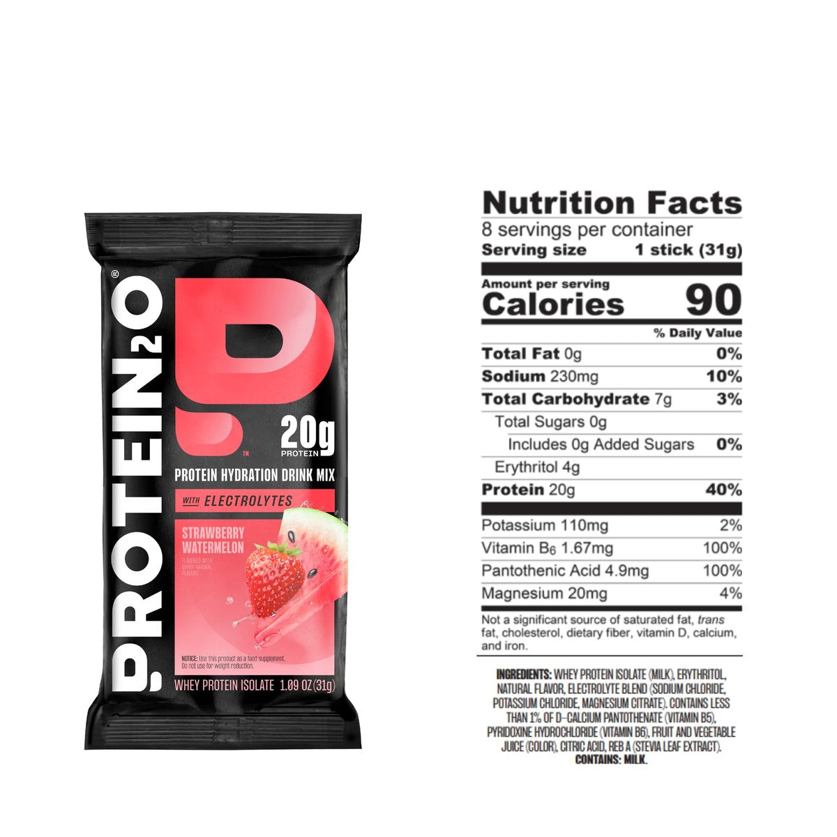 Protein2o 20g Molkenproteinisolat klares Proteinpulver, 360 mg Elektrolyte, Vitamine B5 & B6, Zuckerfrei, Erdbeer-Wassermelone, 8er-Pack