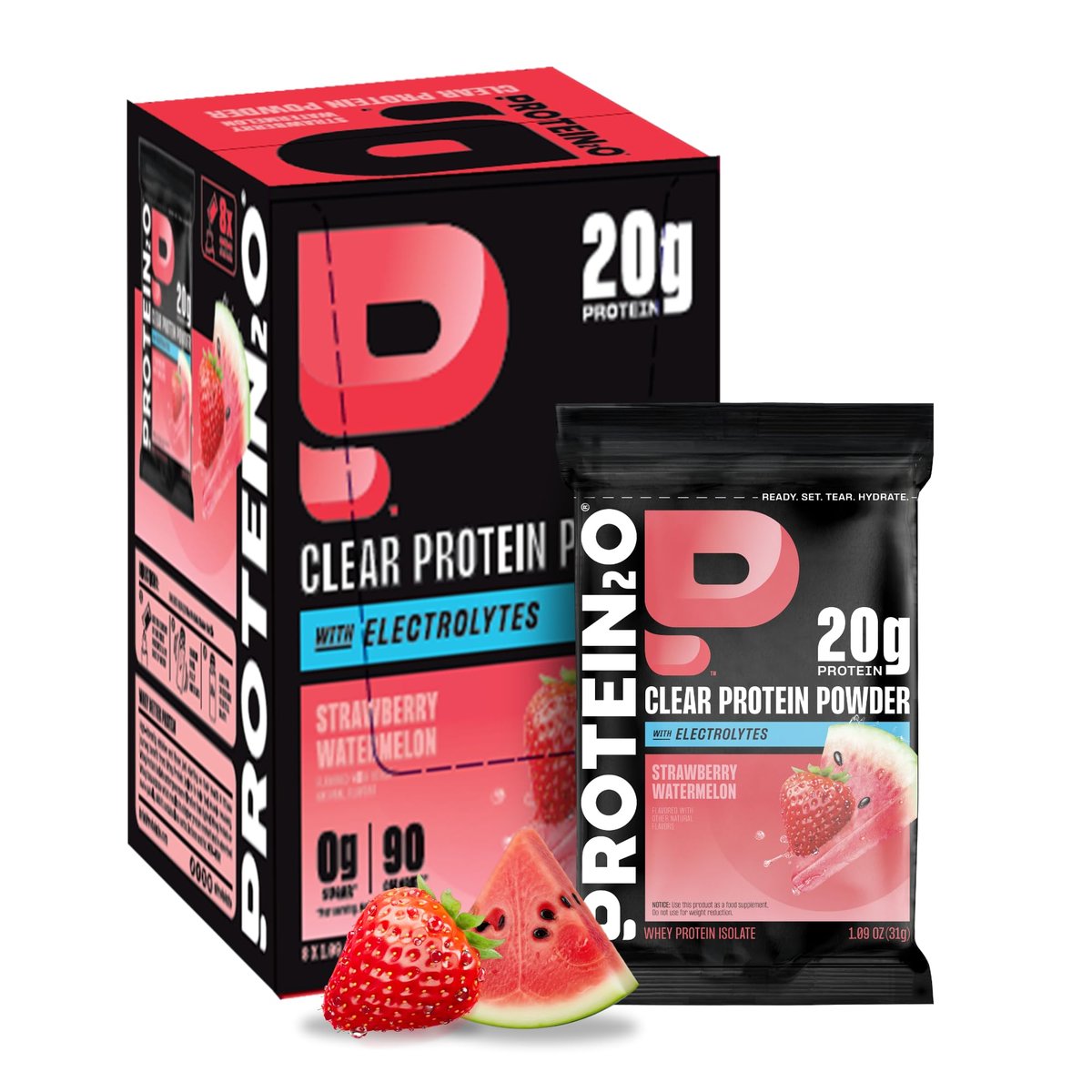 Protein2o 20g Molkenproteinisolat klares Proteinpulver, 360 mg Elektrolyte, Vitamine B5 & B6, Zuckerfrei, Erdbeer-Wassermelone, 8er-Pack