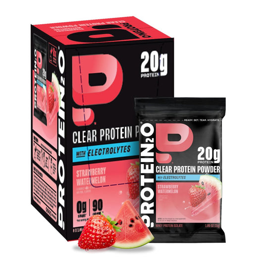Protein2o 20g Molkenproteinisolat klares Proteinpulver, 360 mg Elektrolyte, Vitamine B5 & B6, Zuckerfrei, Erdbeer-Wassermelone, 8er-Pack