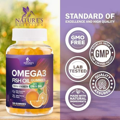 Omega 3 Fischöl Gummibärchen - 3-fache Stärke Herzgesundheit - Hochabsorbierendes Omega 3 Fischöl mit DHA & EPA - Gelenk- & Gehirnunterstützung für Erwachsene - Leckerer Orangen-Geschmack - 120 Gummibärchen