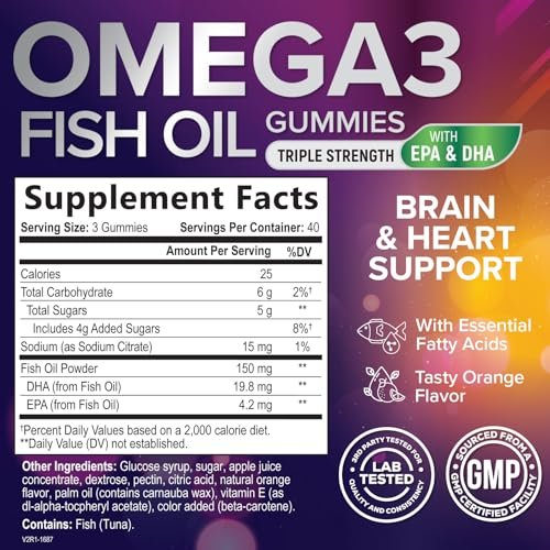 Omega 3 Fischöl Gummibärchen - 3-fache Stärke Herzgesundheit - Hochabsorbierendes Omega 3 Fischöl mit DHA & EPA - Gelenk- & Gehirnunterstützung für Erwachsene - Leckerer Orangen-Geschmack - 120 Gummibärchen