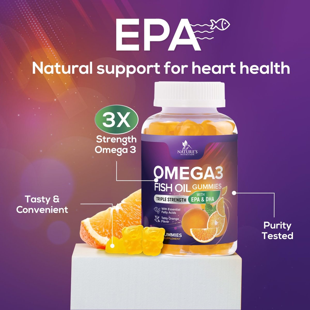 Omega 3 Fischöl Gummibärchen - 3-fache Stärke Herzgesundheit - Hochabsorbierendes Omega 3 Fischöl mit DHA & EPA - Gelenk- & Gehirnunterstützung für Erwachsene - Leckerer Orangen-Geschmack - 120 Gummibärchen