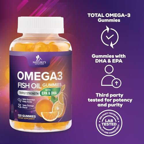 Omega 3 Fischöl Gummibärchen - 3-fache Stärke Herzgesundheit - Hochabsorbierendes Omega 3 Fischöl mit DHA & EPA - Gelenk- & Gehirnunterstützung für Erwachsene - Leckerer Orangen-Geschmack - 120 Gummibärchen