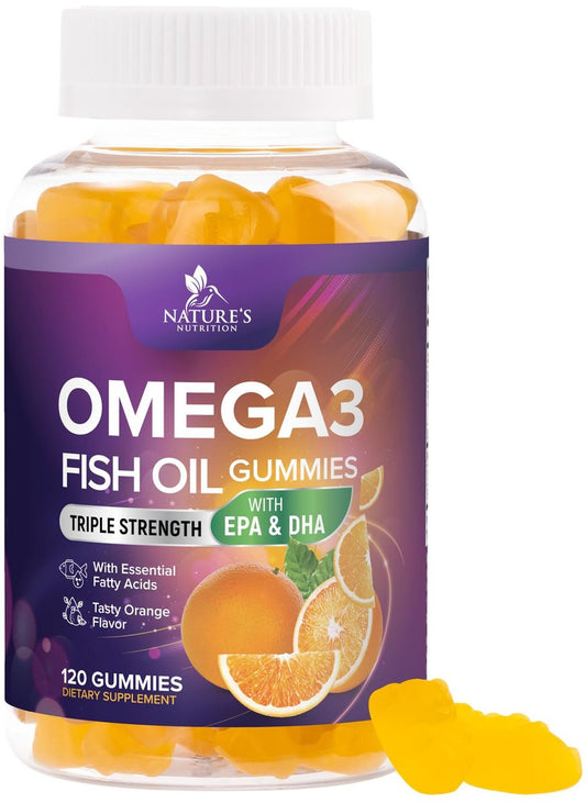 Omega 3 Fischöl Gummibärchen - 3-fache Stärke Herzgesundheit - Hochabsorbierendes Omega 3 Fischöl mit DHA & EPA - Gelenk- & Gehirnunterstützung für Erwachsene - Leckerer Orangen-Geschmack - 120 Gummibärchen