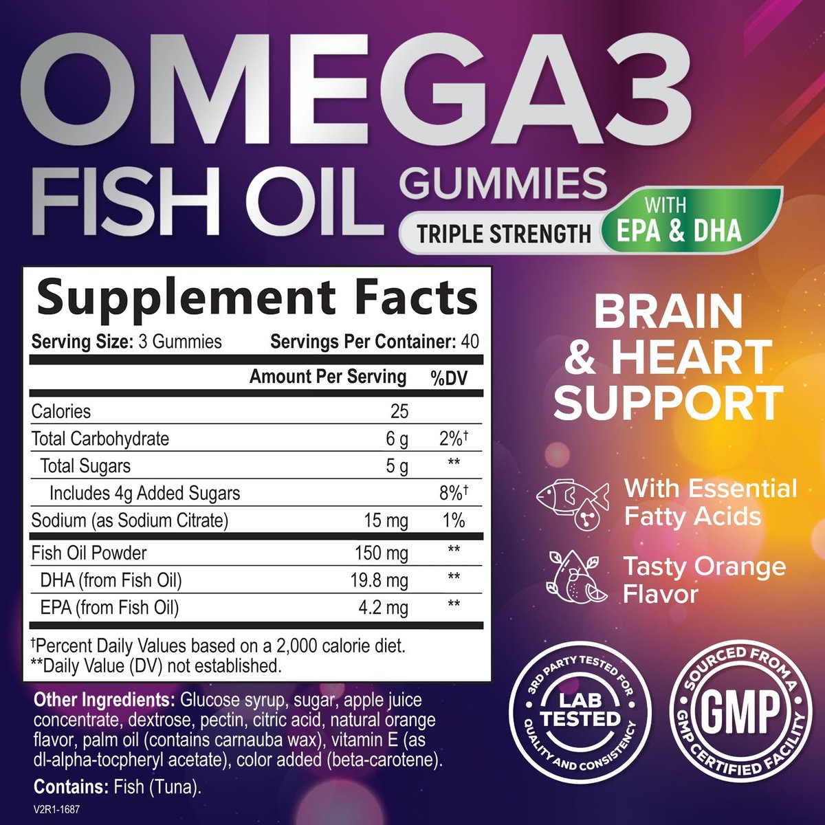 Omega 3 Fischöl Gummibärchen - 3-fache Stärke Herzgesundheit - Hochabsorbierendes Omega 3 Fischöl mit DHA & EPA - Gelenk- & Gehirnunterstützung für Erwachsene - Leckerer Orangen-Geschmack - 120 Gummibärchen