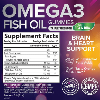 Omega 3 Fischöl Gummibärchen - 3-fache Stärke Herzgesundheit - Hochabsorbierendes Omega 3 Fischöl mit DHA & EPA - Gelenk- & Gehirnunterstützung für Erwachsene - Leckerer Orangen-Geschmack - 120 Gummibärchen