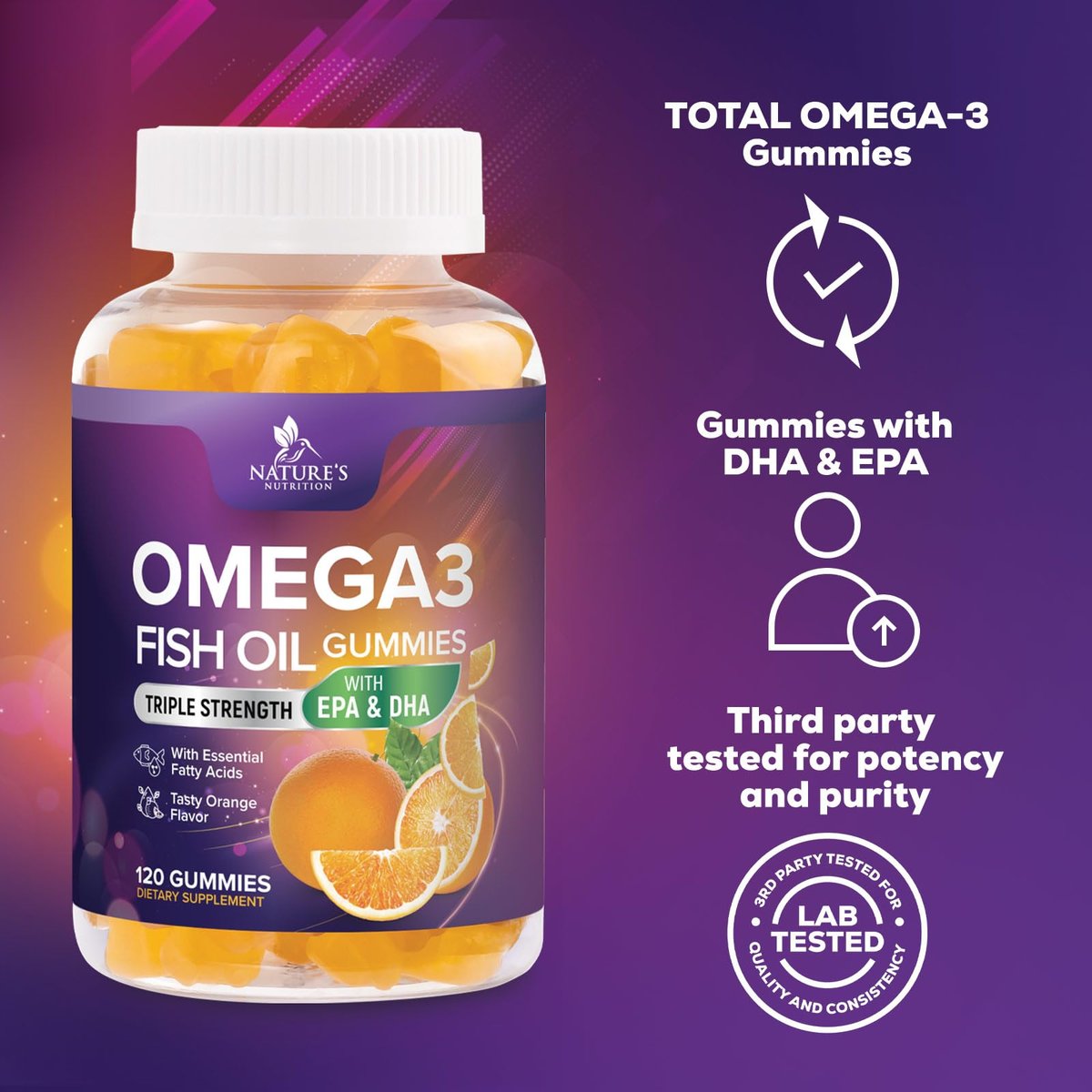 Omega 3 Fischöl Gummibärchen - 3-fache Stärke Herzgesundheit - Hochabsorbierendes Omega 3 Fischöl mit DHA & EPA - Gelenk- & Gehirnunterstützung für Erwachsene - Leckerer Orangen-Geschmack - 120 Gummibärchen