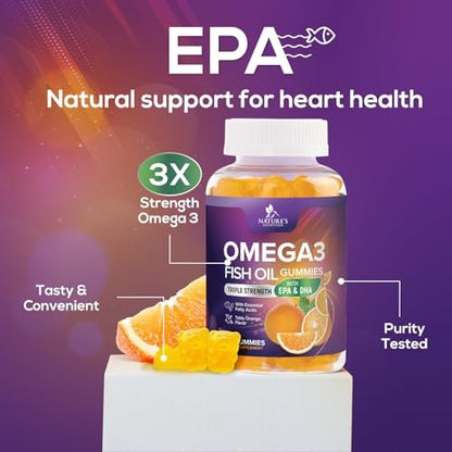 Omega 3 Fischöl Gummibärchen - 3-fache Stärke Herzgesundheit - Hochabsorbierendes Omega 3 Fischöl mit DHA & EPA - Gelenk- & Gehirnunterstützung für Erwachsene - Leckerer Orangen-Geschmack - 120 Gummibärchen