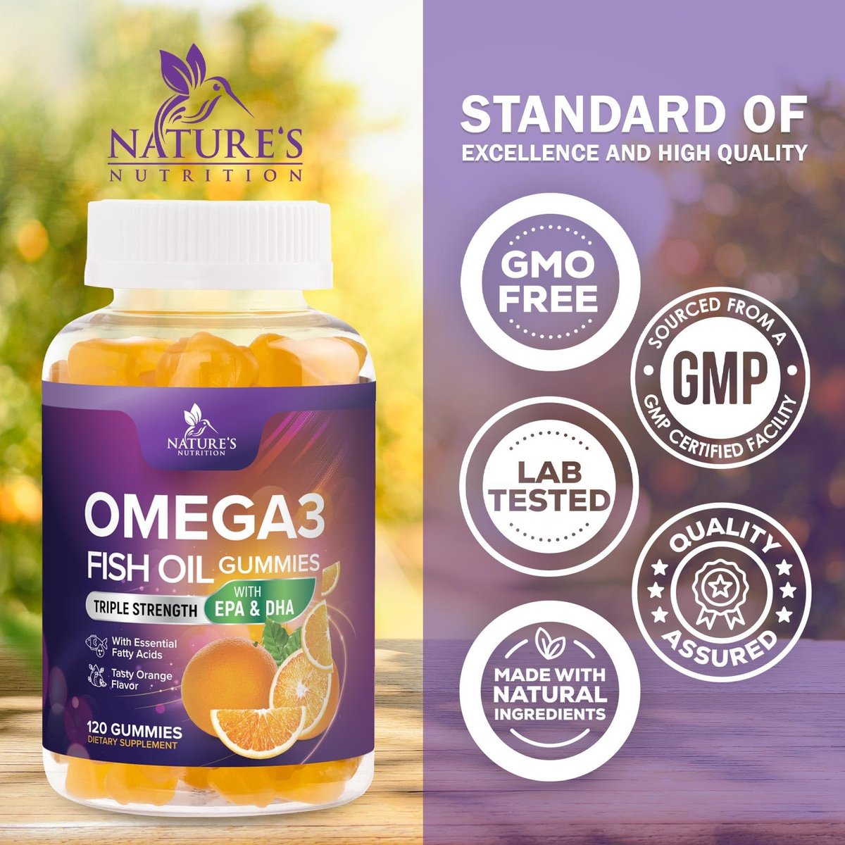Omega 3 Fischöl Gummibärchen - 3-fache Stärke Herzgesundheit - Hochabsorbierendes Omega 3 Fischöl mit DHA & EPA - Gelenk- & Gehirnunterstützung für Erwachsene - Leckerer Orangen-Geschmack - 120 Gummibärchen