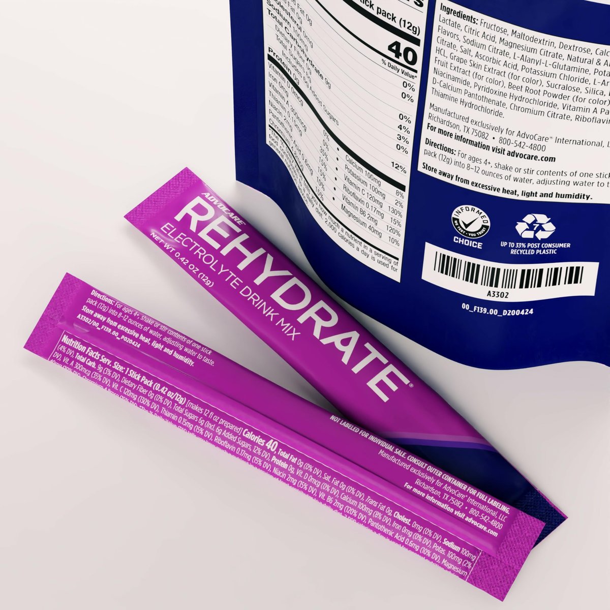 AdvoCare Rehydrate - Elektrolytgetränkepulver mit Magnesium, Natrium, Kalium & Calcium - Antioxidantien & Aminosäuren - Hydration & Erholung - Traube, 15 Stickpacks (6,3 oz)
