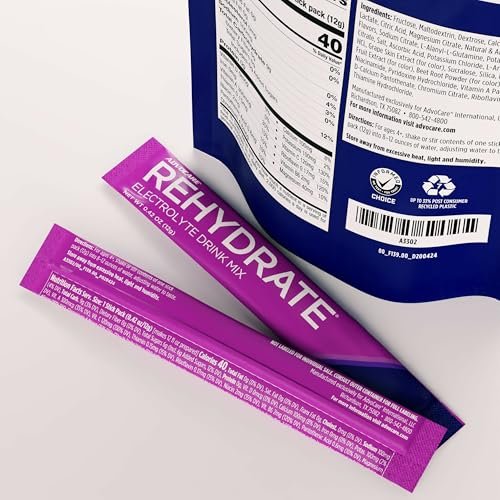 AdvoCare Rehydrate - Elektrolytgetränkepulver mit Magnesium, Natrium, Kalium & Calcium - Antioxidantien & Aminosäuren - Hydration & Erholung - Traube, 15 Stickpacks (6,3 oz)
