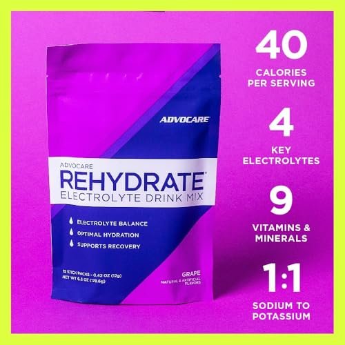 AdvoCare Rehydrate - Elektrolytgetränkepulver mit Magnesium, Natrium, Kalium & Calcium - Antioxidantien & Aminosäuren - Hydration & Erholung - Traube, 15 Stickpacks (6,3 oz)