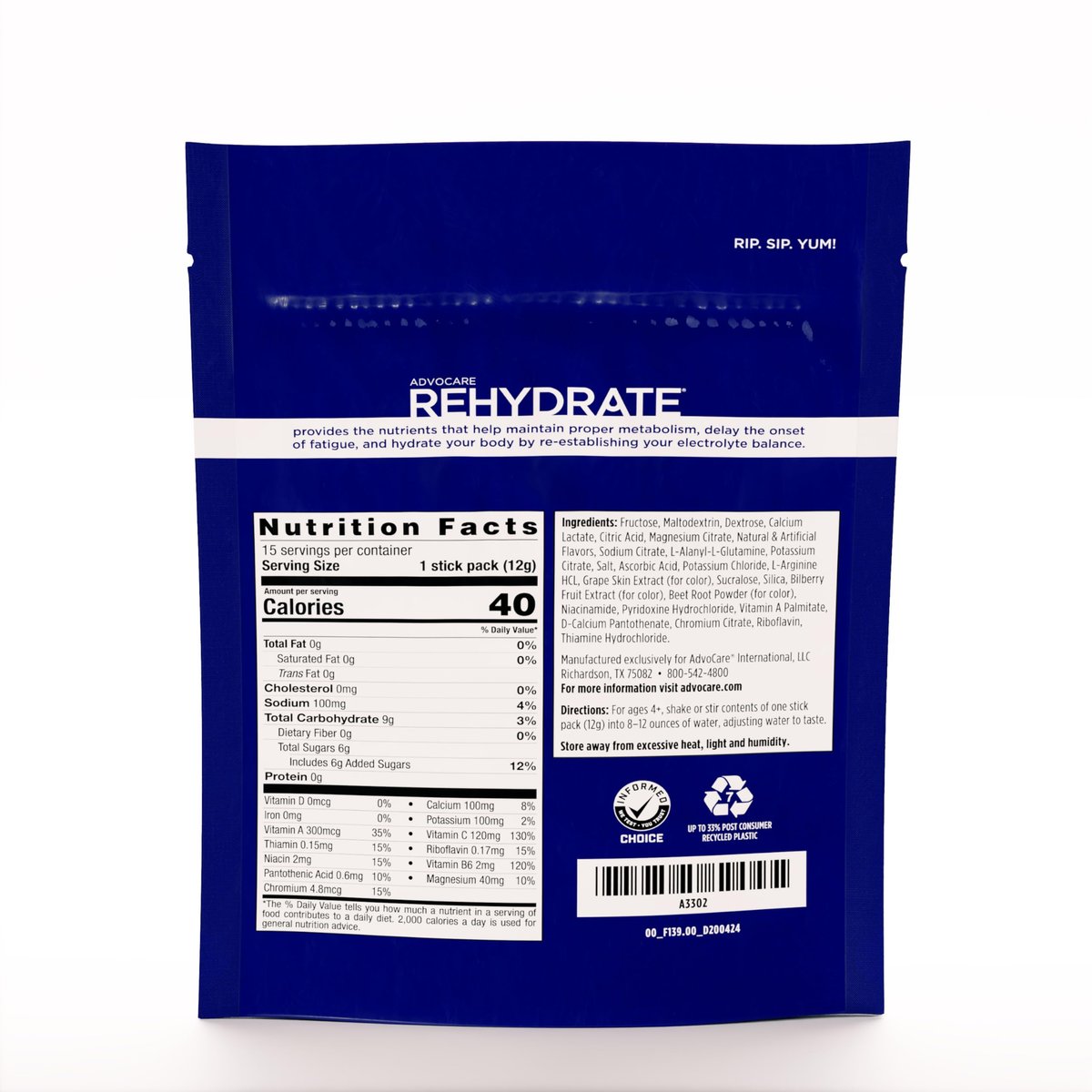 AdvoCare Rehydrate - Elektrolytgetränkepulver mit Magnesium, Natrium, Kalium & Calcium - Antioxidantien & Aminosäuren - Hydration & Erholung - Traube, 15 Stickpacks (6,3 oz)