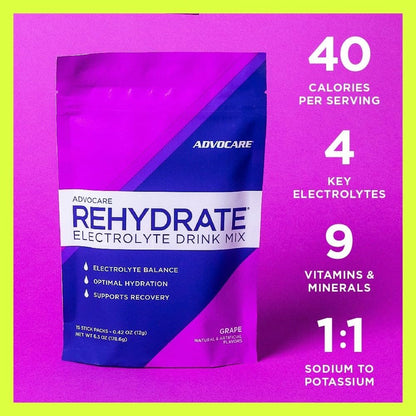 AdvoCare Rehydrate - Elektrolytgetränkepulver mit Magnesium, Natrium, Kalium & Calcium - Antioxidantien & Aminosäuren - Hydration & Erholung - Traube, 15 Stickpacks (6,3 oz)
