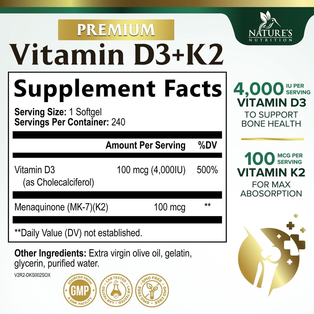Vitamin D3 4000 IE 100 mcg pro Portion - Extra starke Vitamine D K2 2-in-1 für Knochen-, Herz- und Muskelfunktion - Immununterstützung & Kalziumaufnahme mit Olivenöl - Non-GMO in den USA abgefüllt - 240 Weichkapseln