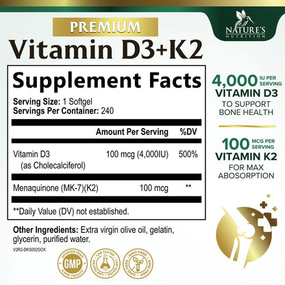 Vitamin D3 4000 IE 100 mcg pro Portion - Extra starke Vitamine D K2 2-in-1 für Knochen-, Herz- und Muskelfunktion - Immununterstützung & Kalziumaufnahme mit Olivenöl - Non-GMO in den USA abgefüllt - 240 Weichkapseln
