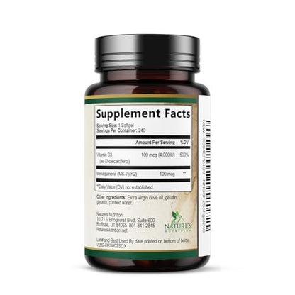 Vitamin D3 4000 IE 100 mcg pro Portion - Extra starke Vitamine D K2 2-in-1 für Knochen-, Herz- und Muskelfunktion - Immununterstützung & Kalziumaufnahme mit Olivenöl - Non-GMO in den USA abgefüllt - 240 Weichkapseln