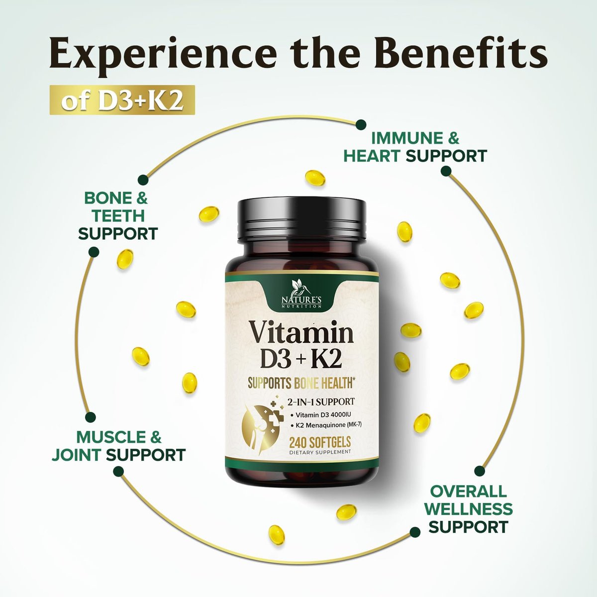 Vitamin D3 4000 IE 100 mcg pro Portion - Extra starke Vitamine D K2 2-in-1 für Knochen-, Herz- und Muskelfunktion - Immununterstützung & Kalziumaufnahme mit Olivenöl - Non-GMO in den USA abgefüllt - 240 Weichkapseln